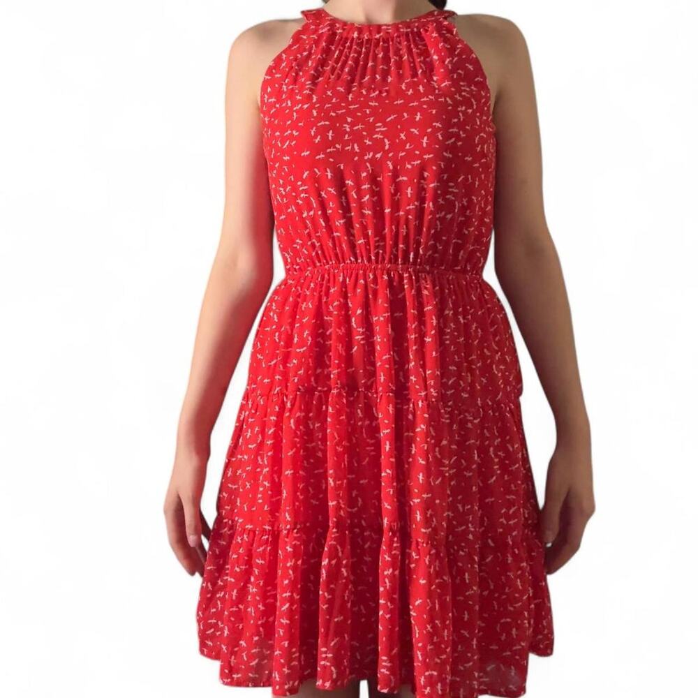 Red and White Dragonfly Halter A-Line Dress